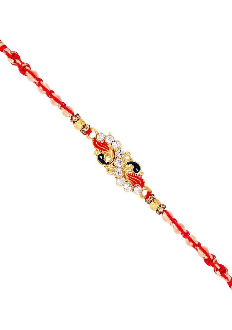 Red Kids Set Of 3 Gold And Rhodium Plated Ganesh Mayur And Peacock Thread Rakhis