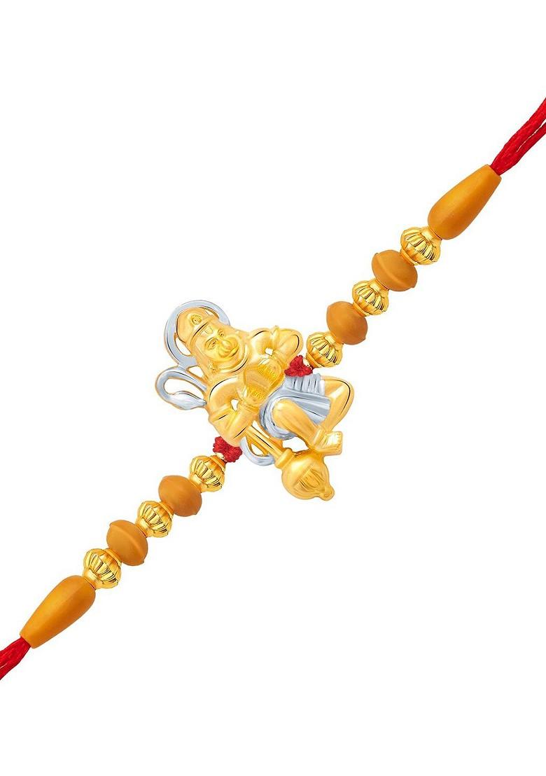 Gold And Rhodium Plated Beaded Jai Hanuman Charm Rakhi For Women