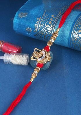 Red Kids Set Of 3 Gold And Rhodium Plated Fancy Pearls Ganesh Beaded Thread Rakhis