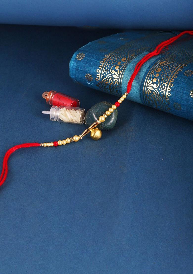 Red Kids Set Of 3 Gold And Rhodium Plated Fancy Pearls Ganesh Beaded Thread Rakhis