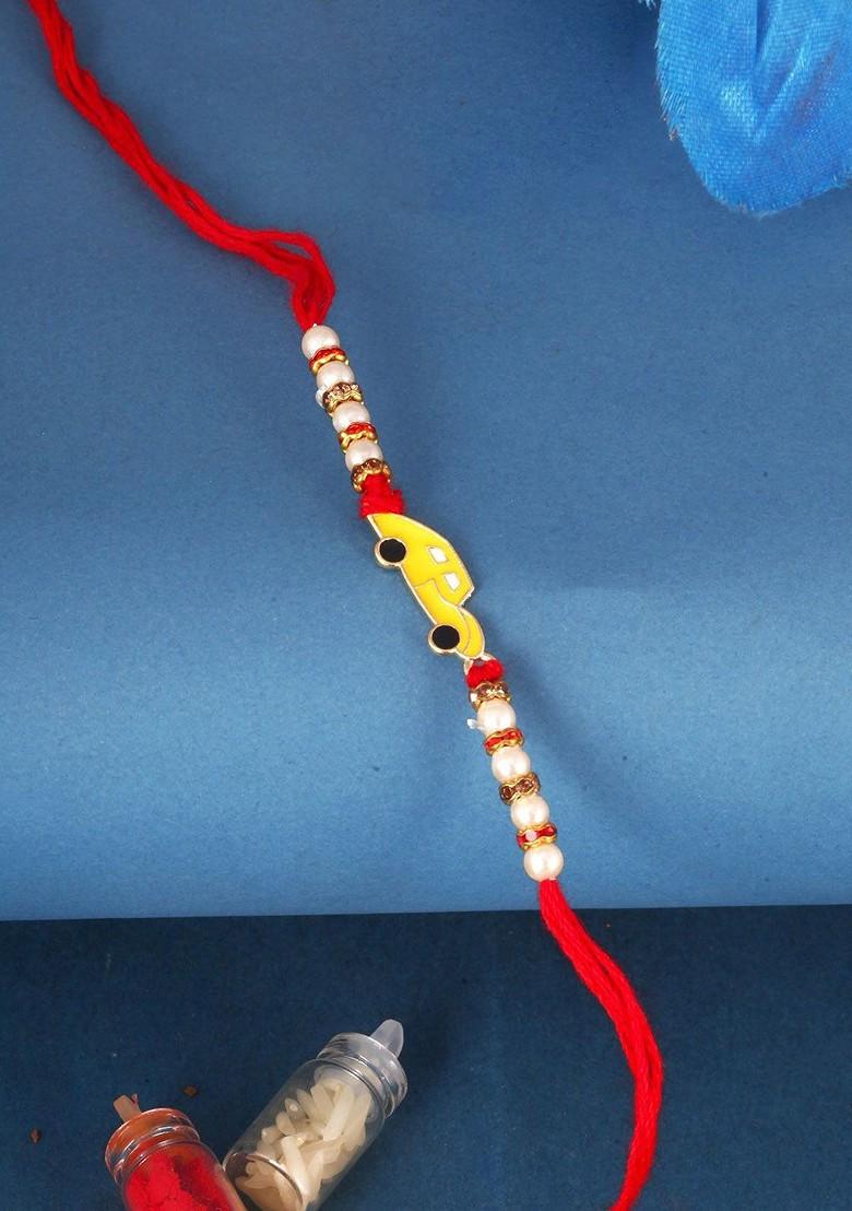 Red Gold And Rhodium Plated Car Beaded Thread Rakhi For Women