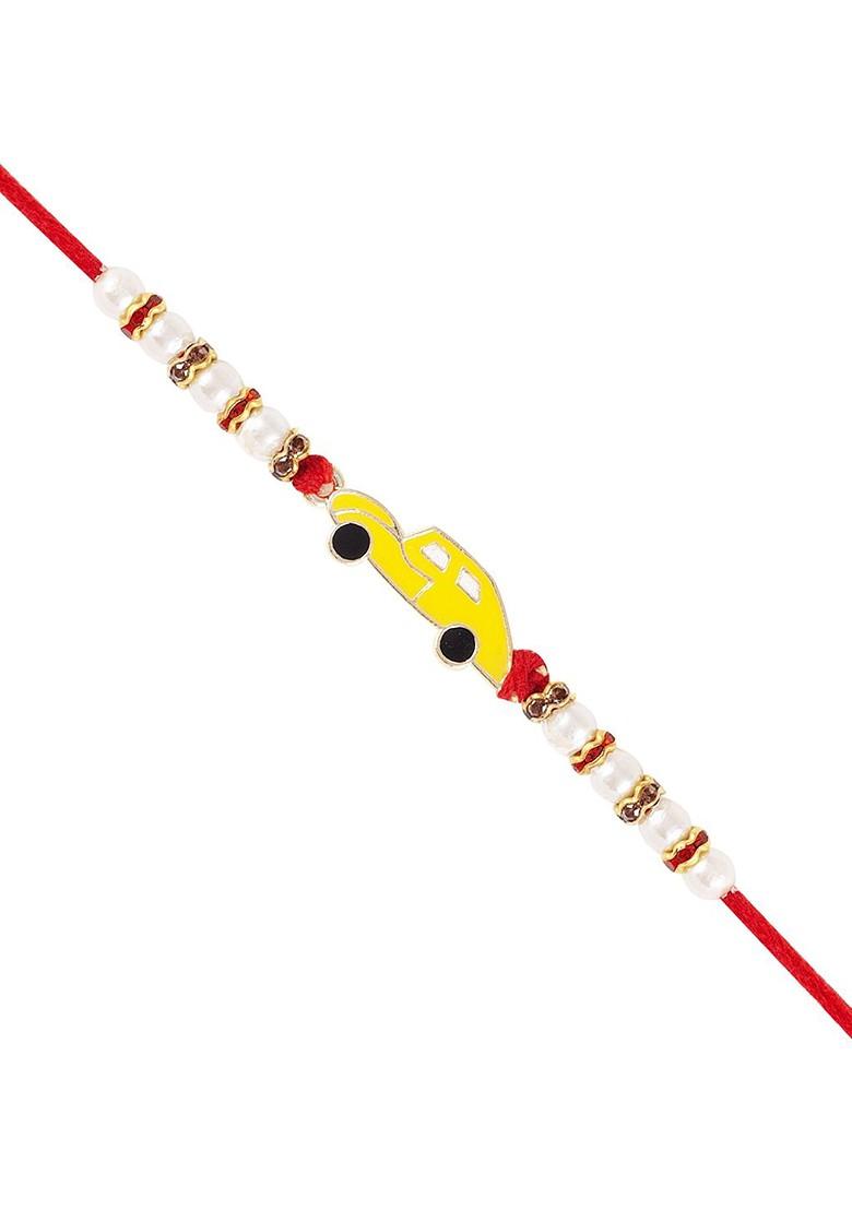 Red Gold And Rhodium Plated Car Beaded Thread Rakhi For Women