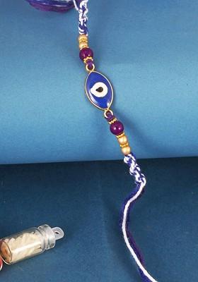 Blue Mens  Gold And Rhodium Plated Evil Eye Thread Rakhi