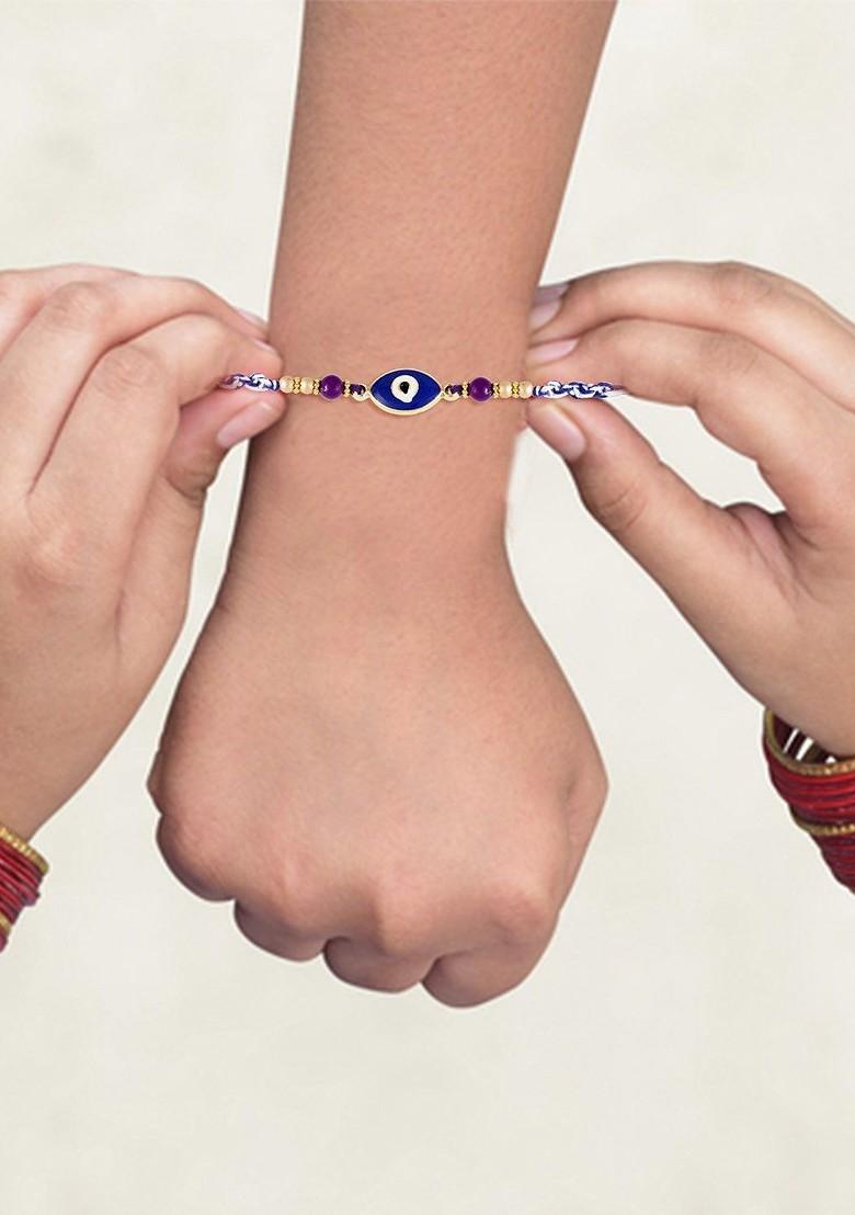 Blue Mens  Gold And Rhodium Plated Evil Eye Thread Rakhi