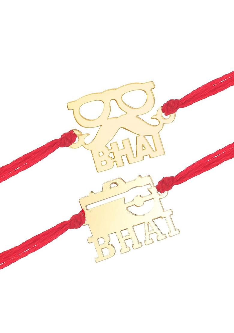 Gold Men Set Of 2 Dashing Wala And Camera Wala Bhai Rakhi With Roli And Chawal