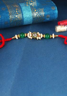 Red Kids Set Of 3 Gold And Rhodium Plated Fancy Pearls Rudraksha Thread Rakhis