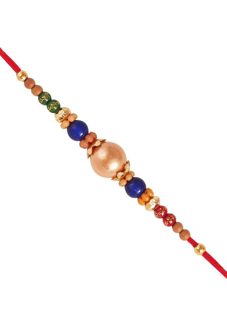 Red Kids Set Of 3 Gold And Rhodium Plated Fancy Pearls Rudraksha Thread Rakhis