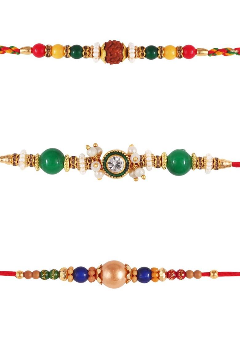 Red Kids Set Of 3 Gold And Rhodium Plated Fancy Pearls Rudraksha Thread Rakhis