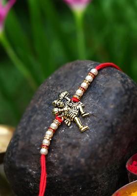 Gold Set Of 2 Hanuman Ganesh Charm Detail Rakhi With Roli Chawal For Women