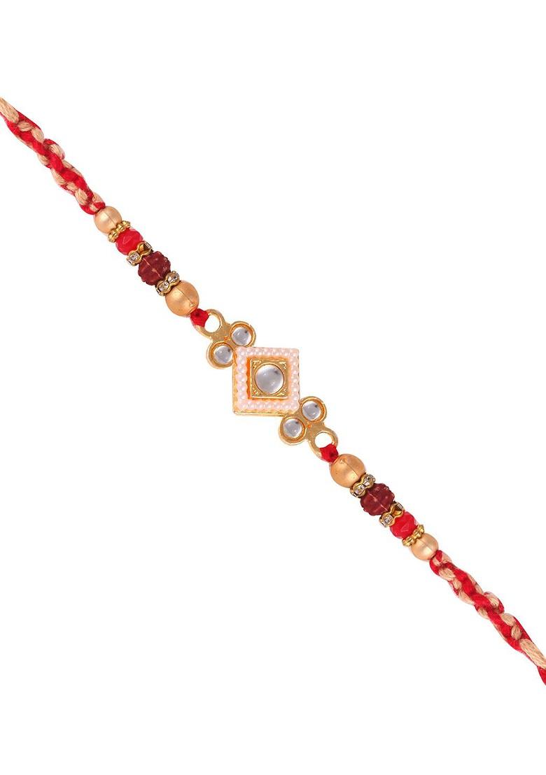 Red Kids Set Of 3 Gold And Rhodium Plated Pearls Beaded And Om Thread Rakhis