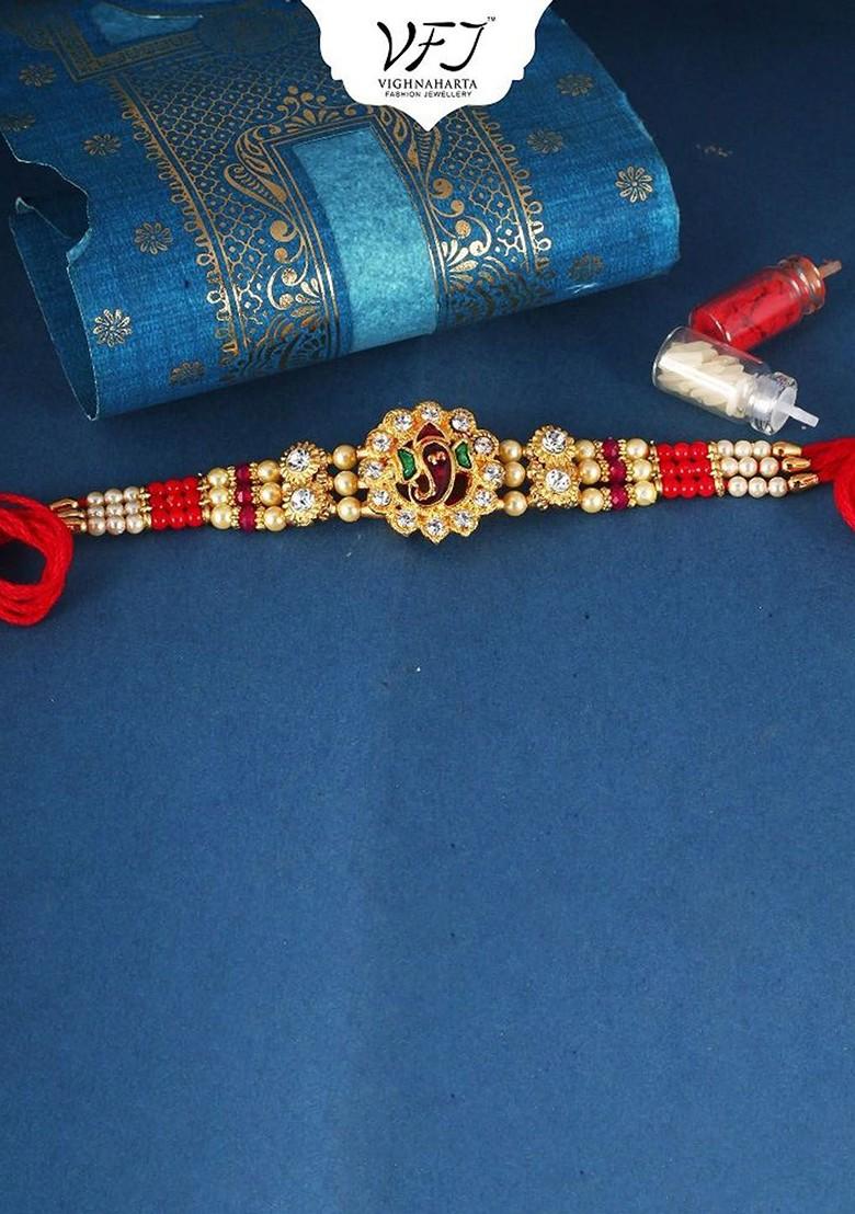 Red Mens  Gold And Rhodium Plated Cz Stone Studded Thread Rakhi