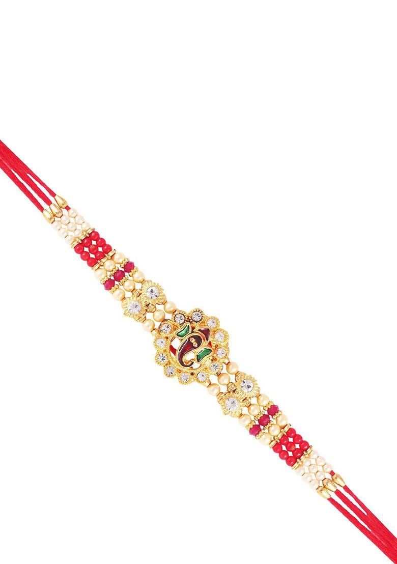 Red Mens  Gold And Rhodium Plated Cz Stone Studded Thread Rakhi