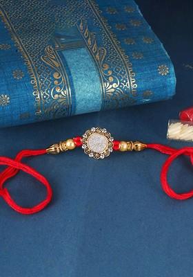 Gold Mens  Gold And Rhodium Plated Cubic Zirconia Studded Floral Thread Rakhi