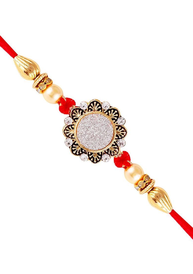 Gold Mens  Gold And Rhodium Plated Cubic Zirconia Studded Floral Thread Rakhi