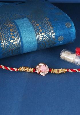 Red Kids Set Of 3 Gold And Rhodium Plated Fancy Pearls Khanda Thread Rakhis