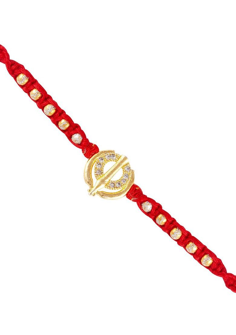 Red Kids Set Of 3 Gold And Rhodium Plated Fancy Pearls Khanda Thread Rakhis