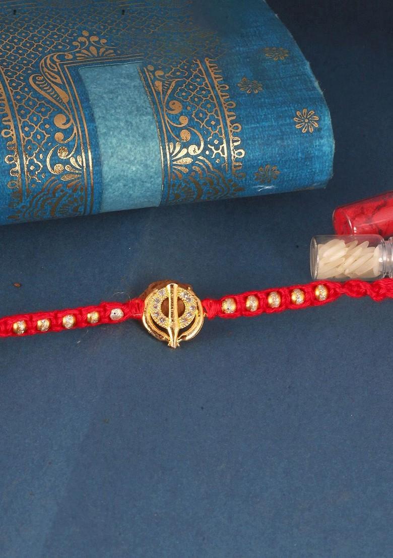 Red Kids Set Of 3 Gold And Rhodium Plated Fancy Pearls Khanda Thread Rakhis