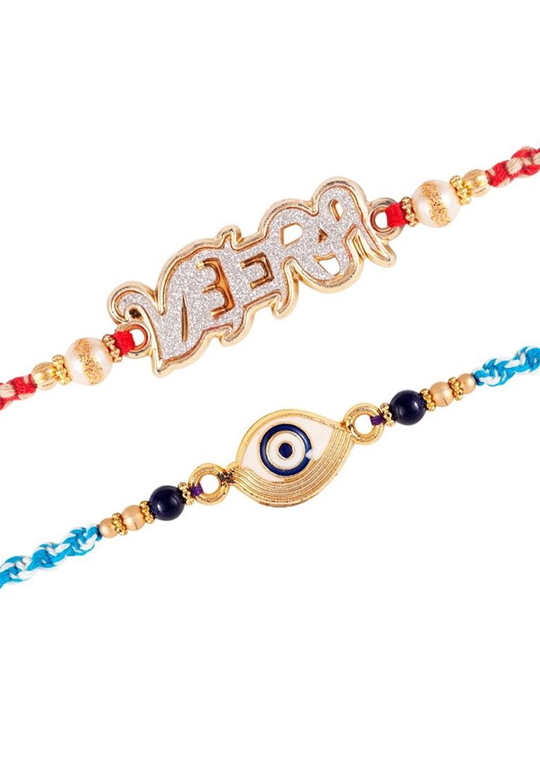 Gold Set Of 2 Gold And Rhodium Plated Evil Eye And Mera Bhai Thread Rakhis For Men