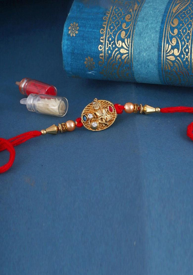 Gold Mens  Gold And Rhodium Plated Stones Studded Thread Rakhi