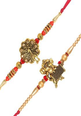 Gold Men Set Of 2 Lord Ganesha Charm Studdedrakhis With Rolichawal And Card