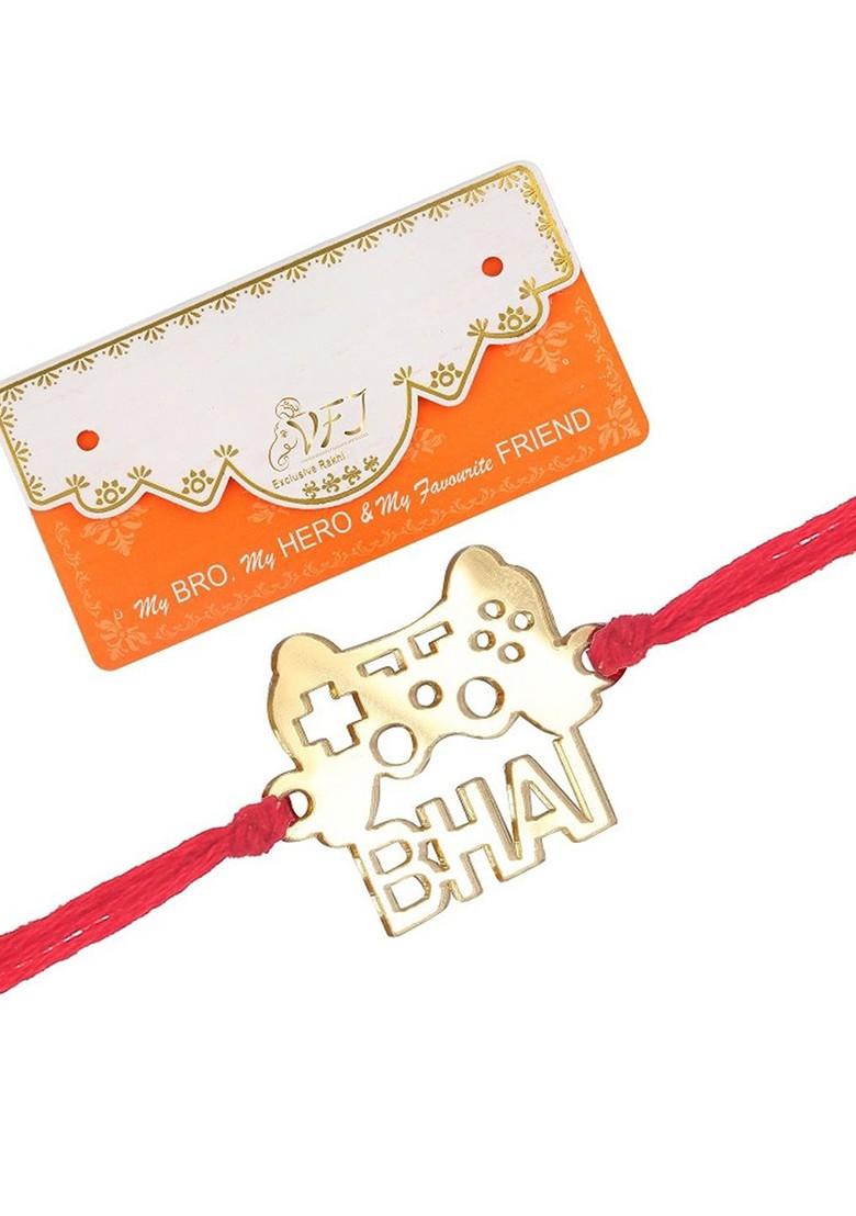 Gold Men Set Of 2 Gaming Wala Bhai And Bada Bhai Rakhi With Roli And Chawal