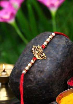 Gold Set Of 2 Ganpati Religious Charm Detail Rakhi For Women
