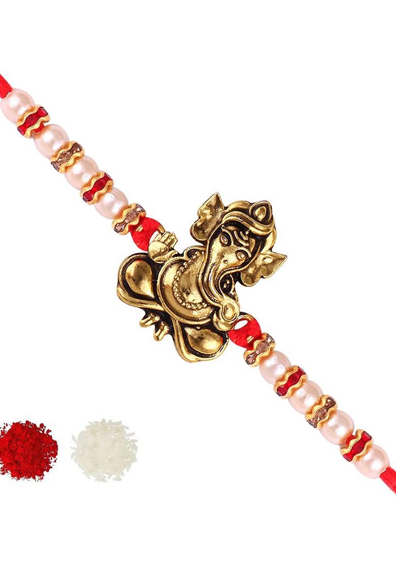 Gold Set Of 2 Ganpati Religious Charm Detail Rakhi For Women