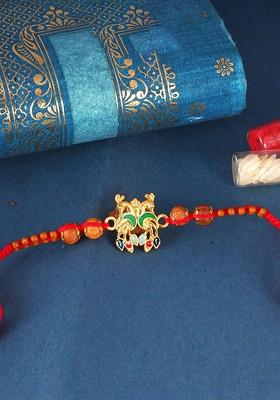 Red Kids Set Of 3 Gold And Rhodium Plated Ganesh Mayur And Peacock Thread Rakhis
