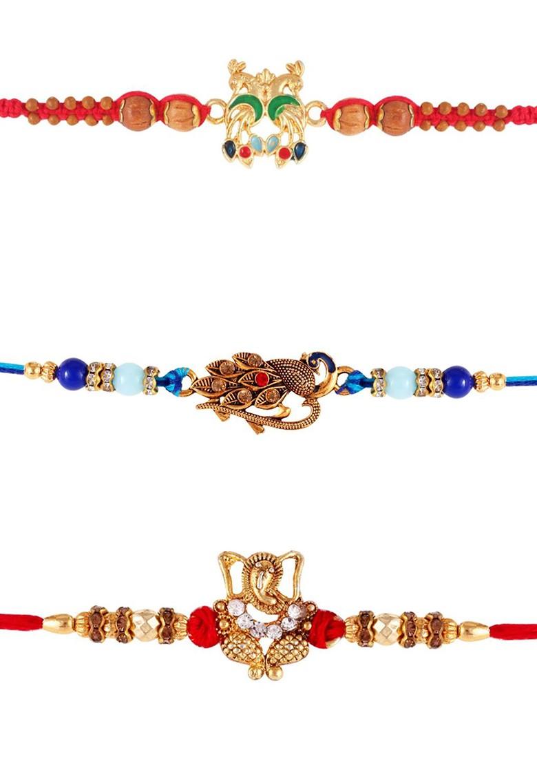Red Kids Set Of 3 Gold And Rhodium Plated Ganesh Mayur And Peacock Thread Rakhis