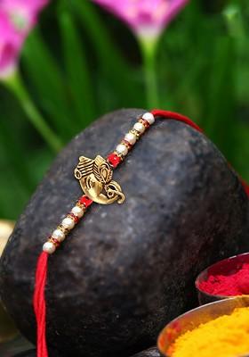 Gold Set Of 2 Ganpati Religious Charm Detail Rakhi For Women