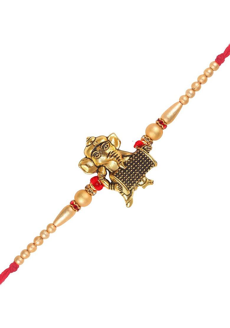 Red Kids Set Of 3 Gold And Rhodium Plated Ganesh And Hanuman Beaded Thread Rakhis