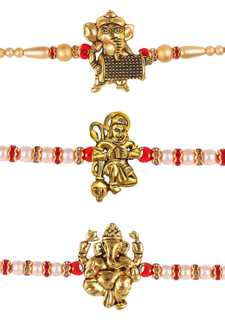 Red Kids Set Of 3 Gold And Rhodium Plated Ganesh And Hanuman Beaded Thread Rakhis