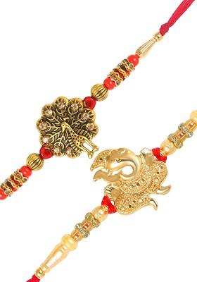 Gold Men Set Of 2 Peacock And Lord Ganesha Charm Studded Rakhis