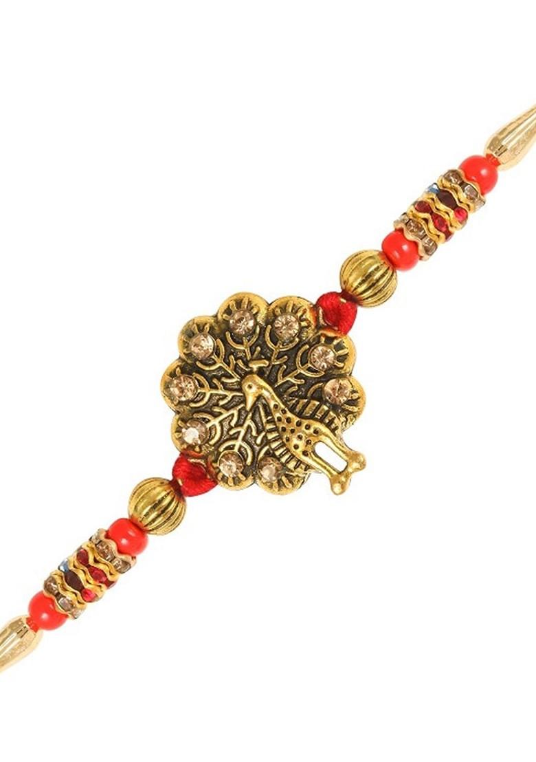 Gold Men Set Of 2 Peacock And Lord Ganesha Charm Studded Rakhis