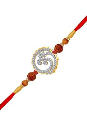 Gold And Rhodium Plated Cz Studded And Om Chakra Charm Rakhi For Women