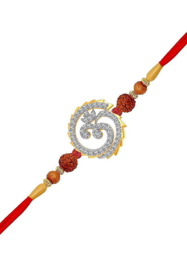 Gold And Rhodium Plated Cz Studded And Om Chakra Charm Rakhi For Women