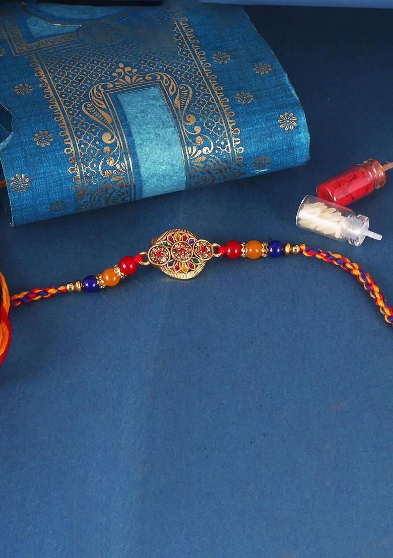 Gold Mens  Gold And Rhodium Plated Stones Studded Thread Rakhi