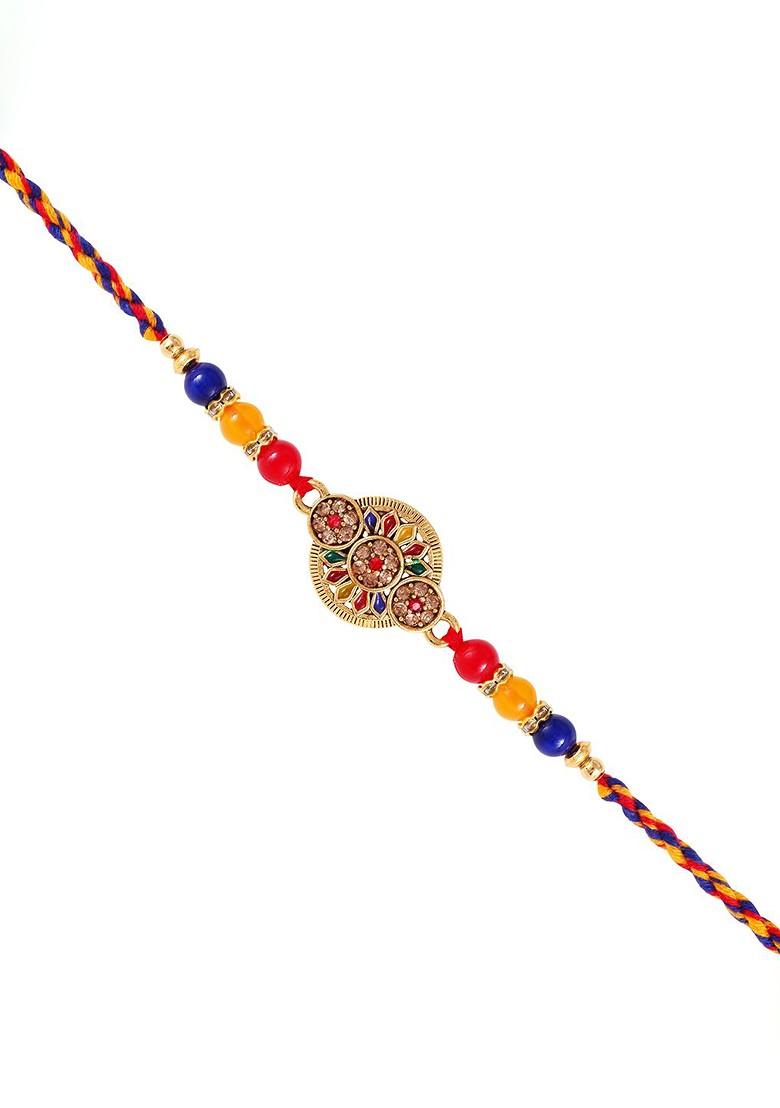 Gold Mens  Gold And Rhodium Plated Stones Studded Thread Rakhi