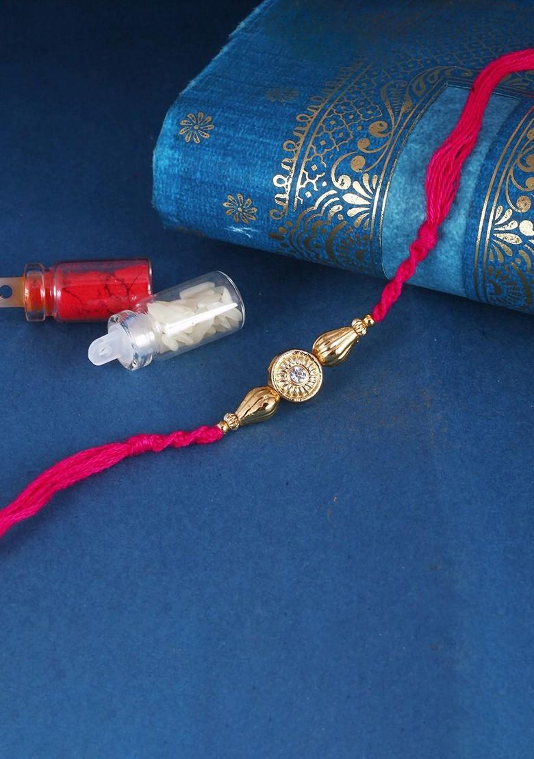 Red Kids Set Of 3 Gold And Rhodium Plated Pearls Beaded And Rudraksha Thread Rakhis