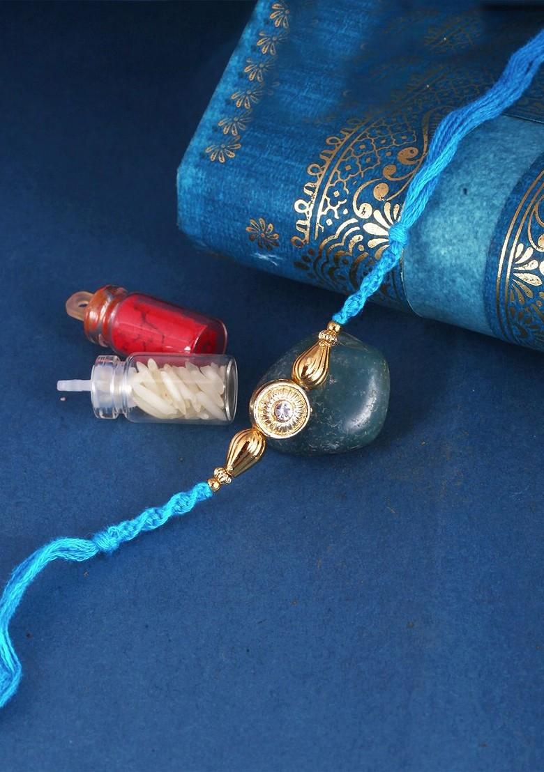 Red Kids Set Of 3 Gold And Rhodium Plated Pearls Beaded And Rudraksha Thread Rakhis