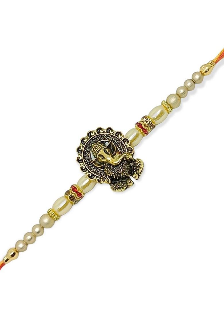 Gold Mens  Rhodium Plated Beaded Rakhi