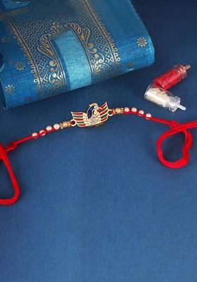 Red Gold And Rhodium Plated Peacock Beaded Thread Beaded Rakhi For Women