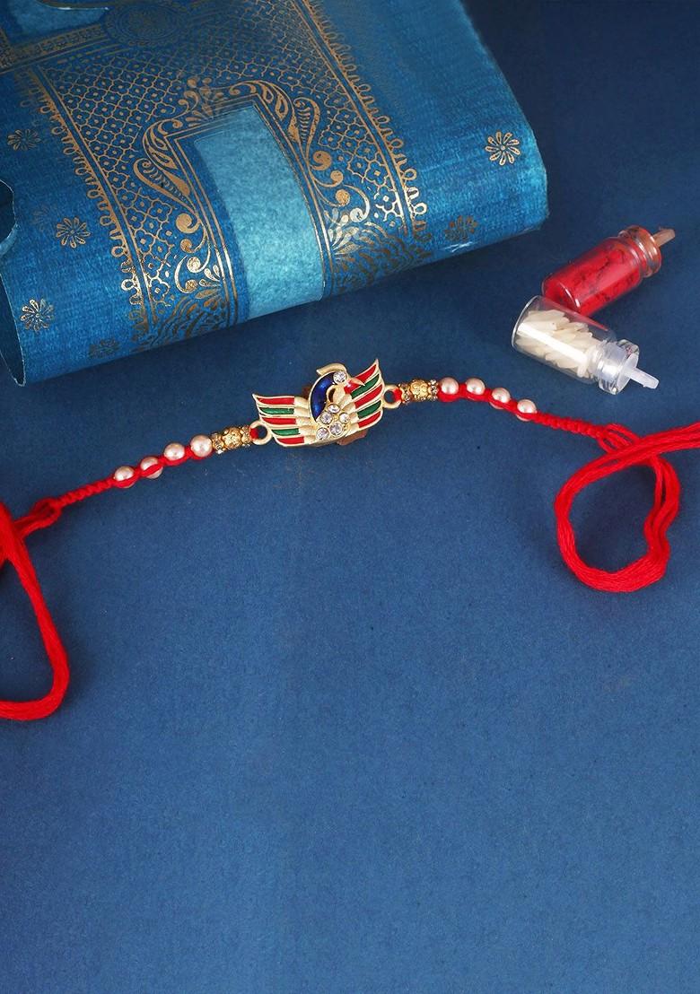 Red Gold And Rhodium Plated Peacock Beaded Thread Beaded Rakhi For Women