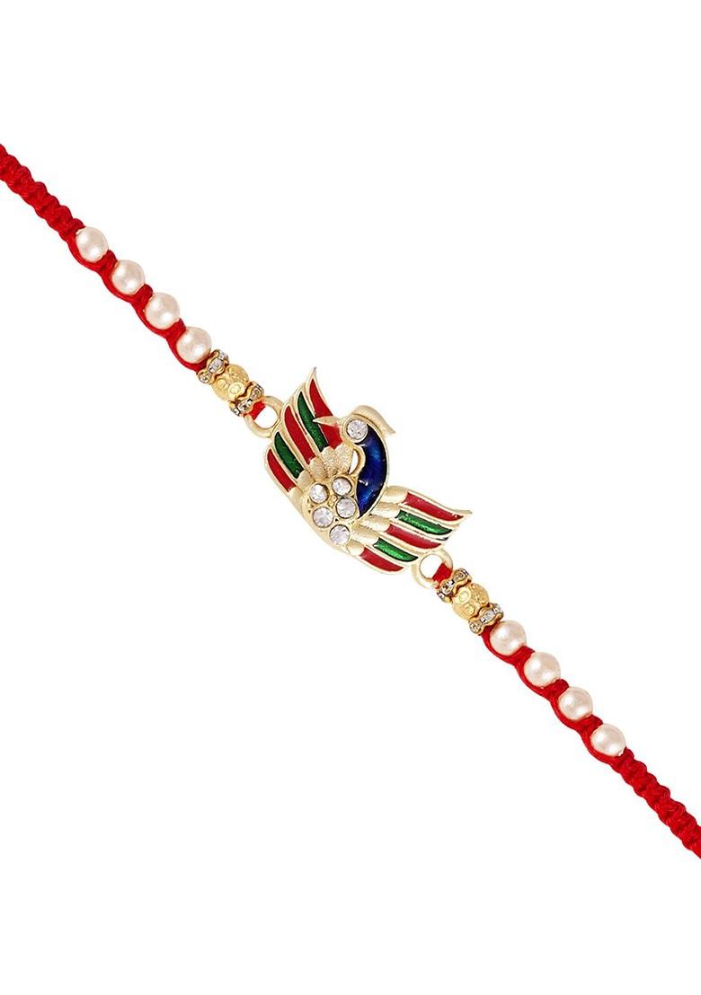Red Gold And Rhodium Plated Peacock Beaded Thread Beaded Rakhi For Women