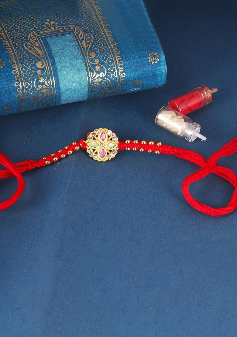 Gold And Rhodium Plated Cubic Zirconia Studded Thread Rakhi For Women