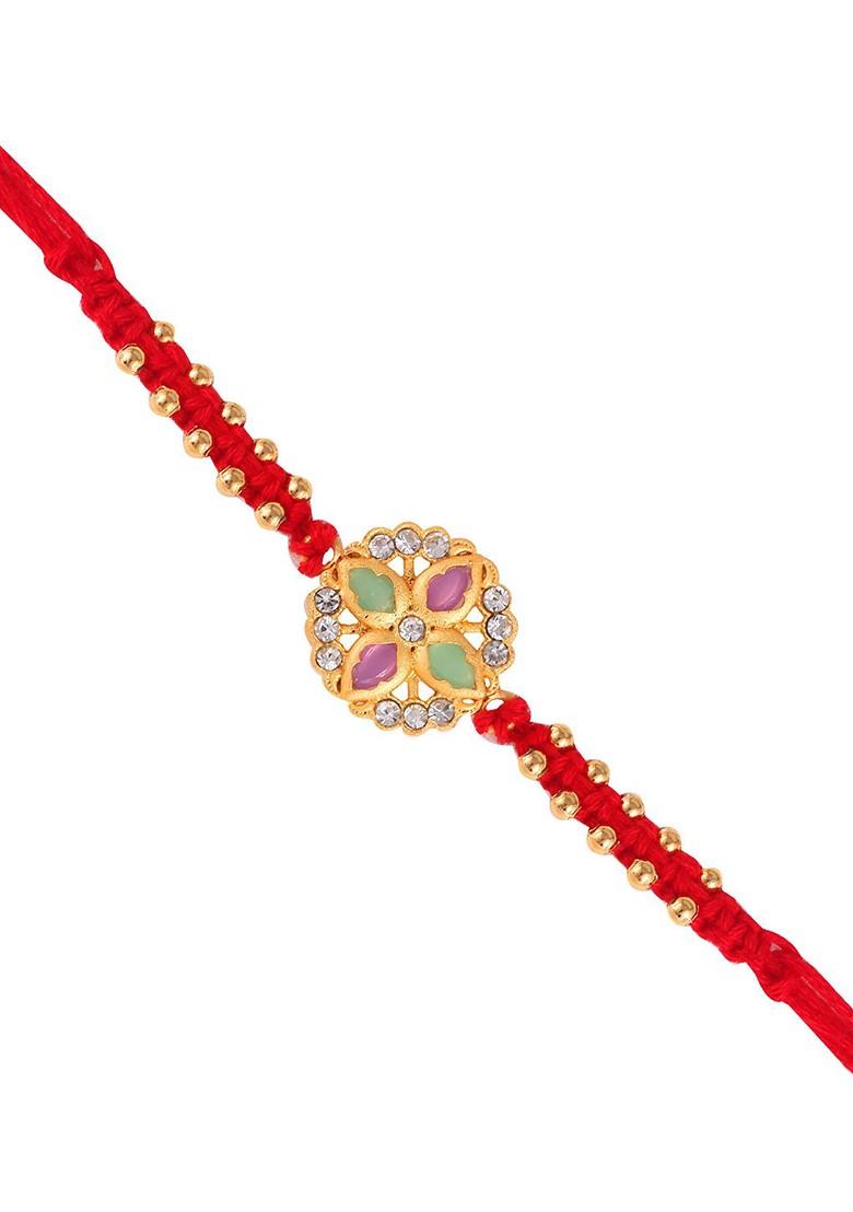 Gold And Rhodium Plated Cubic Zirconia Studded Thread Rakhi For Women