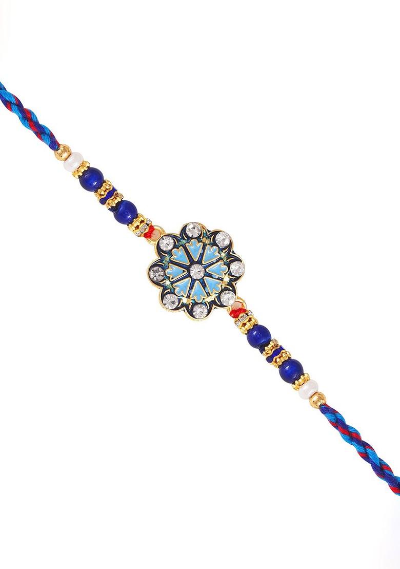 Blue Gold And Rhodium Plated Flower Thread Rakhi With Roli Chawal For Women