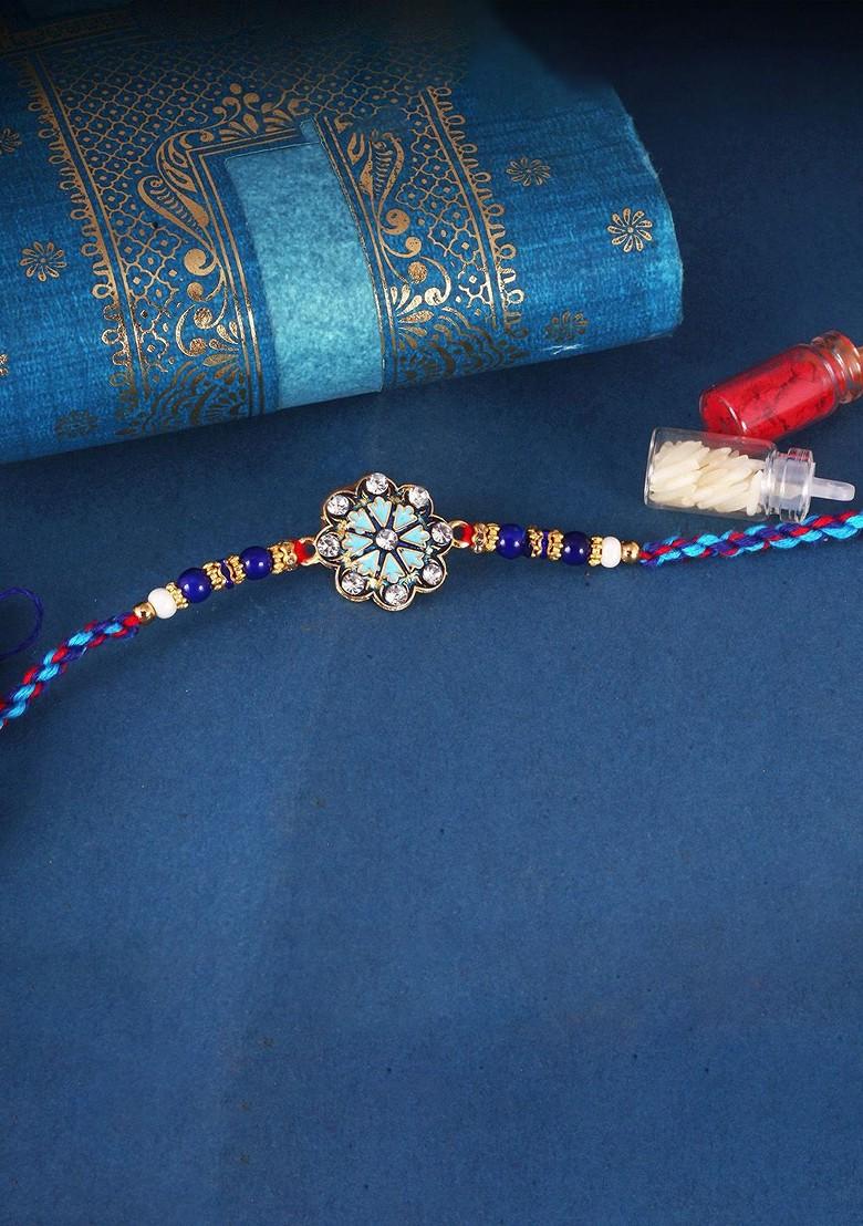 Blue Gold And Rhodium Plated Flower Thread Rakhi With Roli Chawal For Women