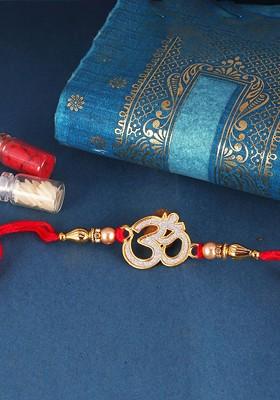 Red Mens  Gold And Rhodium Plated Om Cz Stone Studded Thread Rakhi