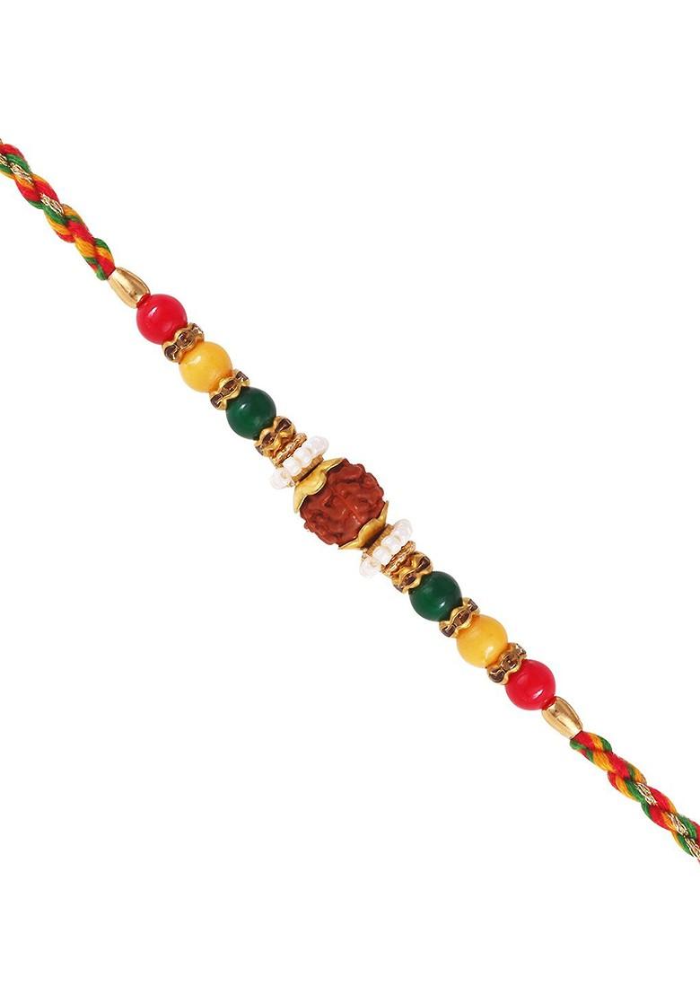 Red Kids Set Of 3 Gold And Rhodium Plated Fancy Pearls Rudraksha Thread Rakhis